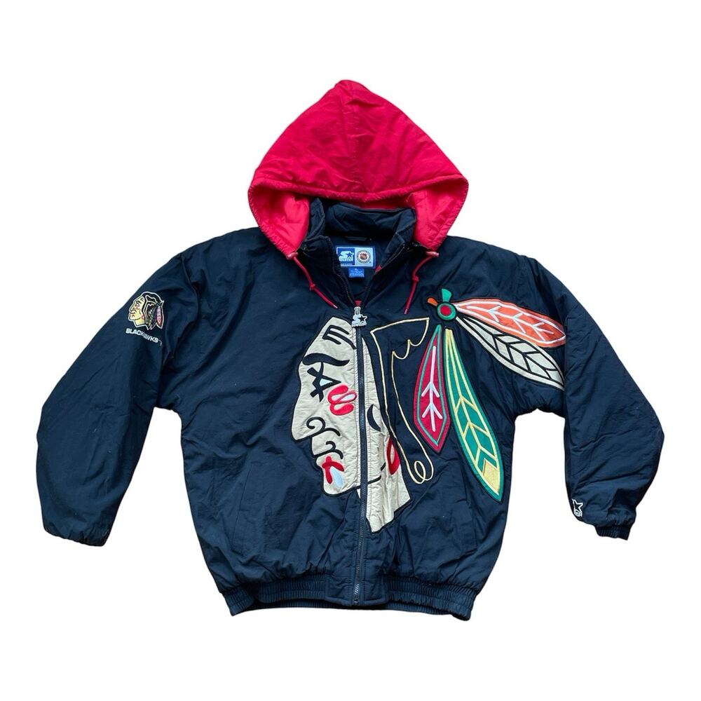 Vintage 90s NHL Starter Chicago Blackhawks Full Zip Hooded Big Logo Jacket XL